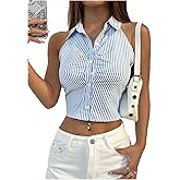 SweatyRocks Women's Sleeveless Crop Tank Top Striped Button Down Shirts Ruched Business Casual Tops