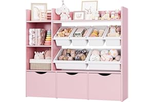 FACBOTALL Toy Storage Organizer with 3 Movable Drawers, Bookshelf and Bookcase with 6 Plastic Bins & 2 Storage Cubbies, Toy Chest with Hidden Wheels, Toy Storage Box for Playroom, School, Pink