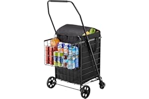 VEVOR Shopping Cart, Folding Grocery Utility Cart with Dual Baskets, Waterproof Liner & Wheels, 100 LBS Large Load Capacity, 