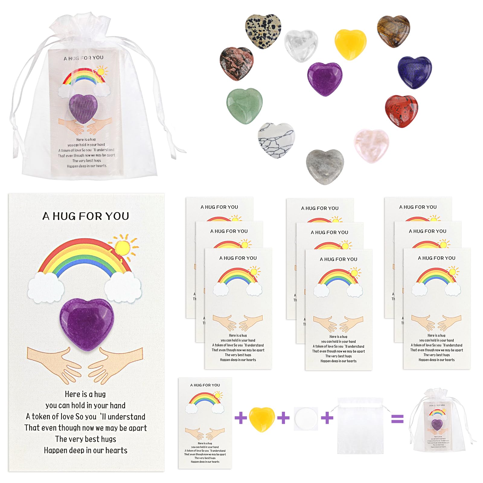 48PCS Pocket Hug for Friends Heart Token with Cards, Pocket Hug Gift, Pocket Hugs Bulk Cards with Heart Natural Stones, Positive Greeting Cards Thinking of You Gifts for Women Friendship Gift