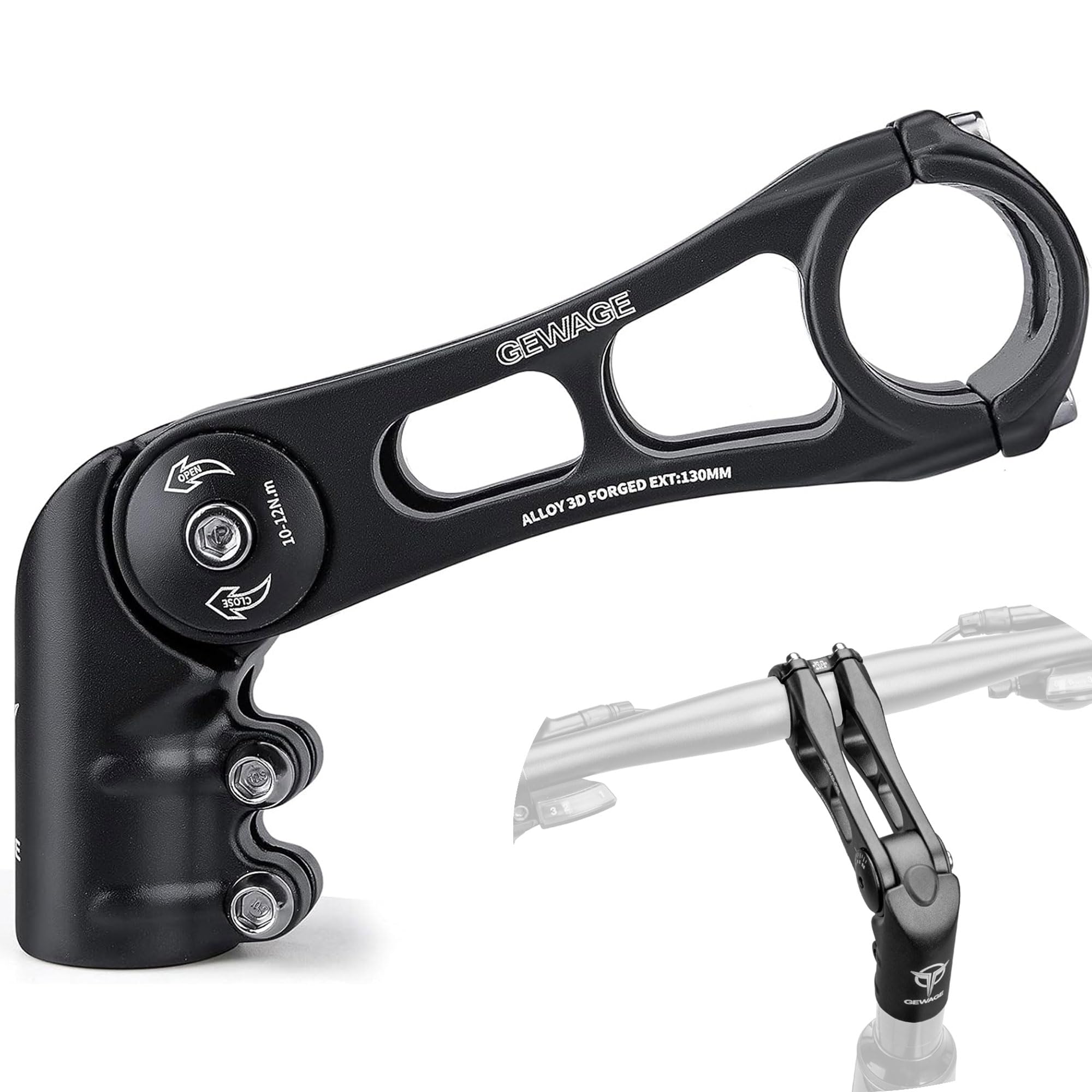 GEWAGE Bicycle Stem -130 Degree Adjustable Bike Riser Stem for 31.8 (1-1/4") Handlebar Suitable for Most MTB, Road Bikes, BMX (XT-825D-130)