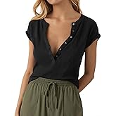 Tankaneo Women Deep V Neck Low Cut Tops Casual Ribbed Knit Henley T-Shirts Summer Short Sleeve Tees(Small, Cool Black-1)