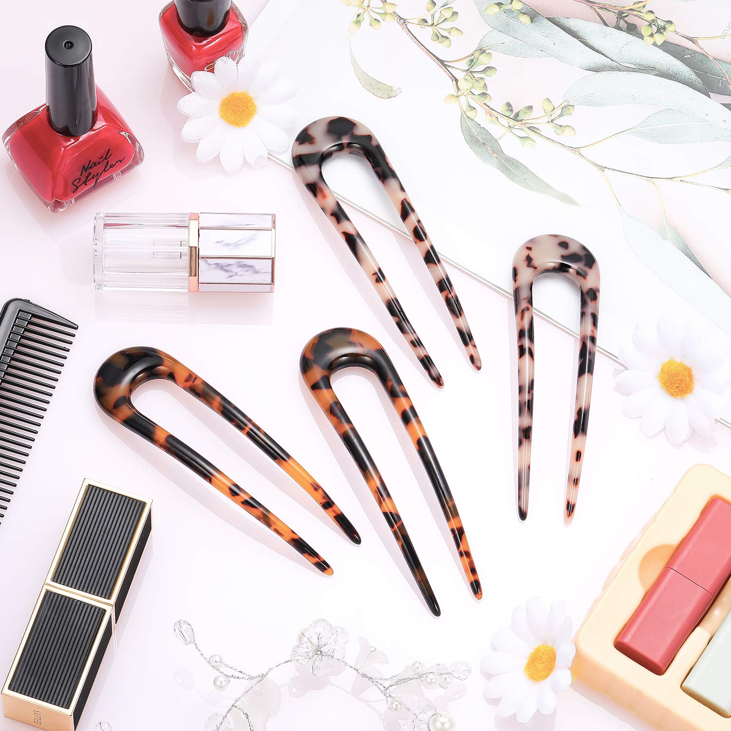 4 Pieces Cellulose Acetate Tortoise Shell U-Shaped Hair Pin French Style Hair Stick 2 Prong Updo Chignon Pins for Women Girls : Beauty
