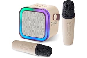 GLOINSU Portable Karaoke Machine for Kids & Adults, Bluetooth Mini Singing Microphone with 2 Wireless Mics & LED Light Show, Compatible with All Smartphones, Perfect for Birthdays, Home Parties（Apricot）