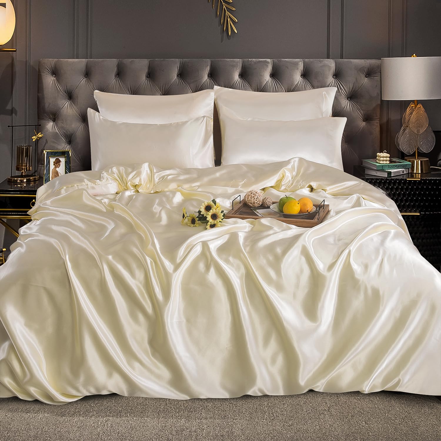 ROOEE Satin Silk Complete Bedding Set - 4 PCS - Fitted sheet, Duvet Cover, 2 Pillow Cases. Color - Cream Size - Single