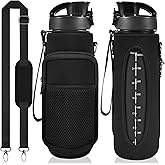 Newfad 32 oz Water Bottle with Straw and Sleeve, Motivational Water Bottle with Time Marker and Adjustable Shoulder Strap, BPA Free Leakproof Sport Water Jug for Hiking, Gym