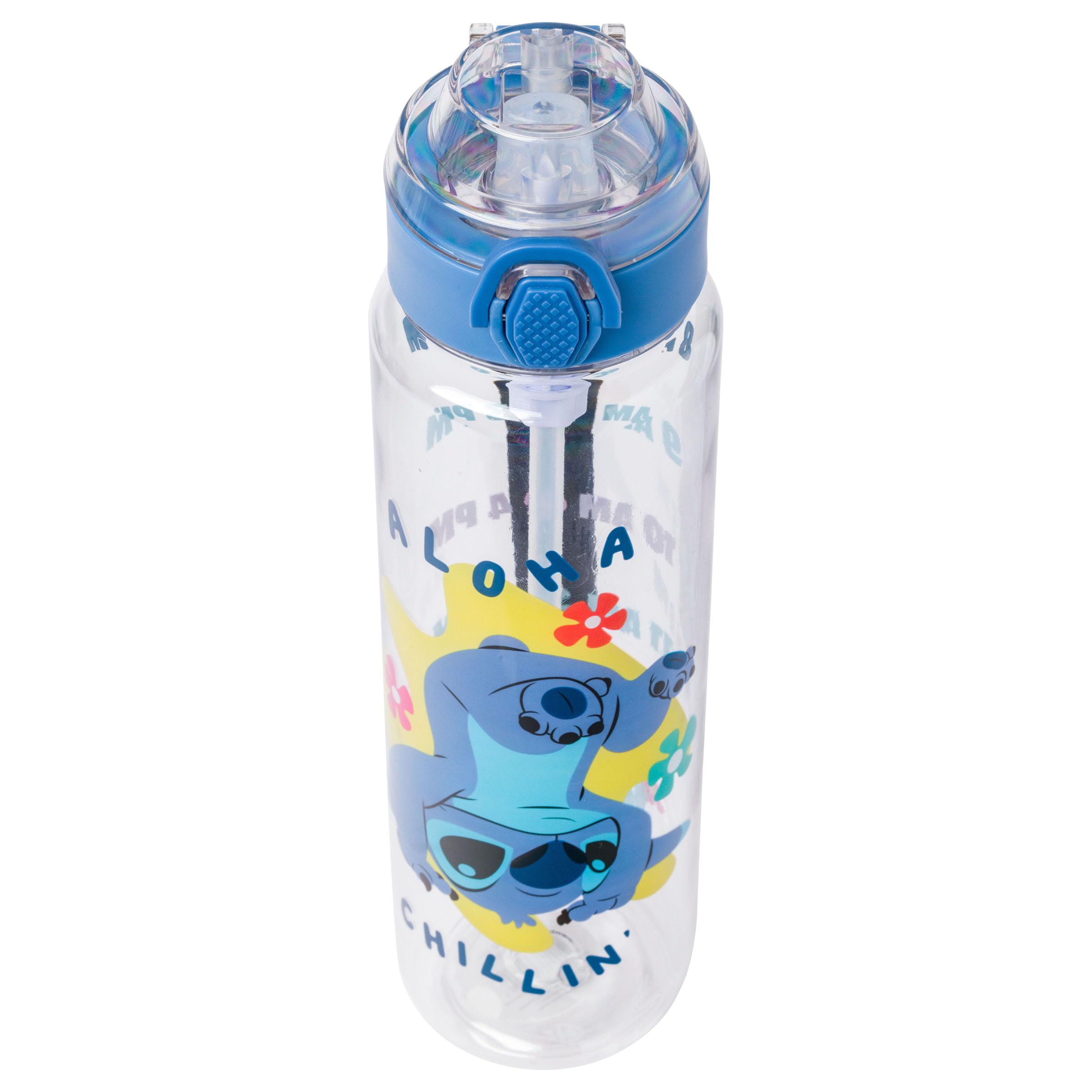 Silver Buffalo Disney Lilo and Stitch Aloha Chillin\' Hydration Tracker Schedule Plastic Water Bottle with Locking Lid and Strap, 33 Ounces