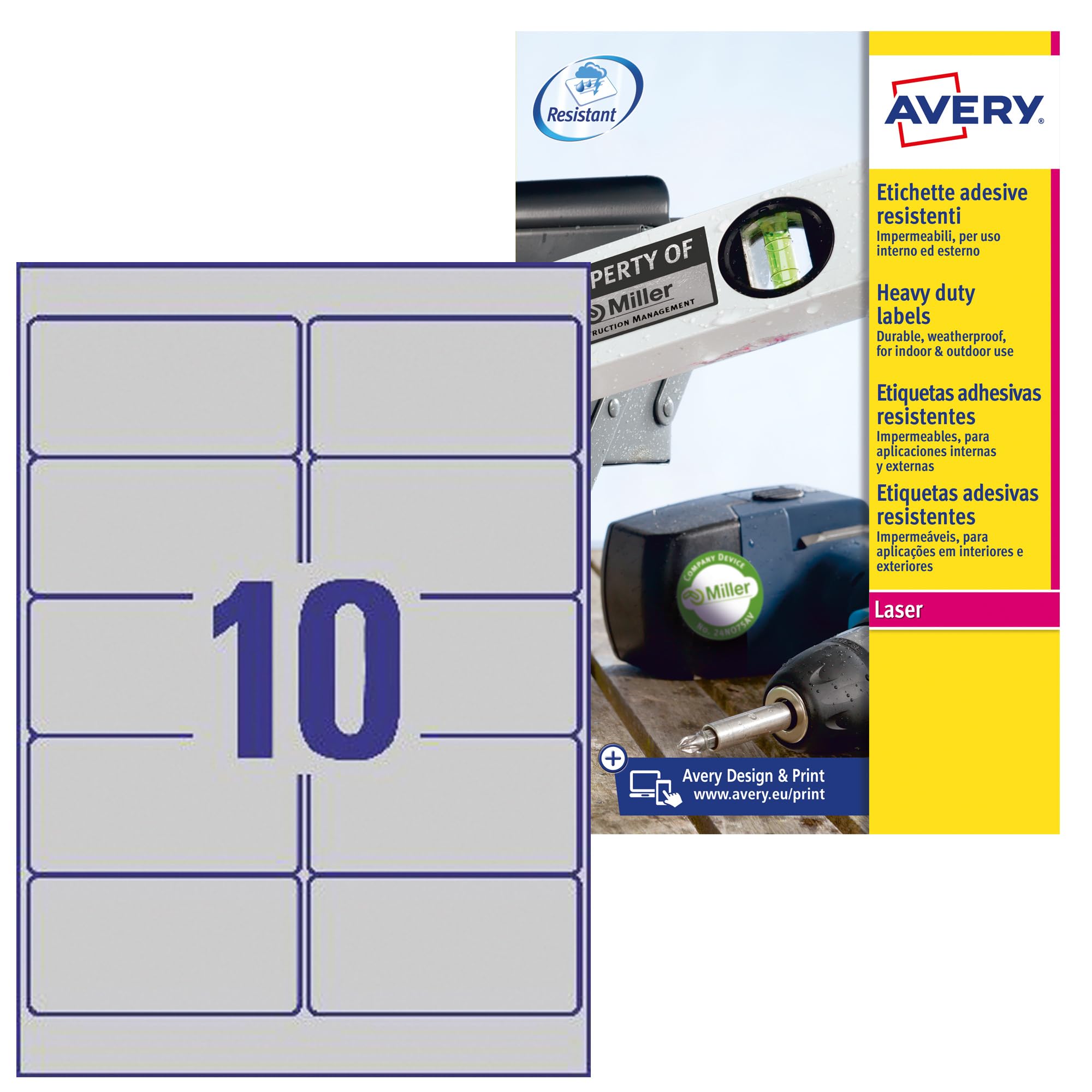 Avery Spain L6012-20 A4 Silver Polyester Labels 96 x 50.8 mm Box of 200