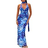 Prinbara Womens Halter Neck Bodycon Maxi Dresses 2026 Summer Floral Mesh Backless Elegant Wedding Guest Party Long Dress