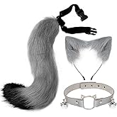 QinRuan Cat Ears and Wolf Fox Animal Tail Cosplay Costume Faux Fur Hair Clip Headdress Halloween Leather Neck Chocker Set