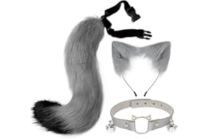 QINRUAN Cat Ears and Wolf Fox Animal Tail Cosplay Costume Faux Fur Hair Clip Headdress Halloween Leather Neck Chocker Set