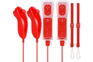 FISUPER 2 in 1 Remote with Nunchuck Controller Replacement for Wii Wii U Console (Red) (2 Pack)