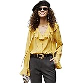 COLD POSH Women's 100% Mulberry Silk Blouses Long Sleeve Elegant Button Down Shirt V-Neck Blouse Ruffle Shirts Summer Tops