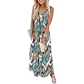 OFEEFAN Maxi Dresses for Women 2026 Loose V Neck Sleeveless Casual Beach Vacation Dress Side Slit Sundresses with Pockets
