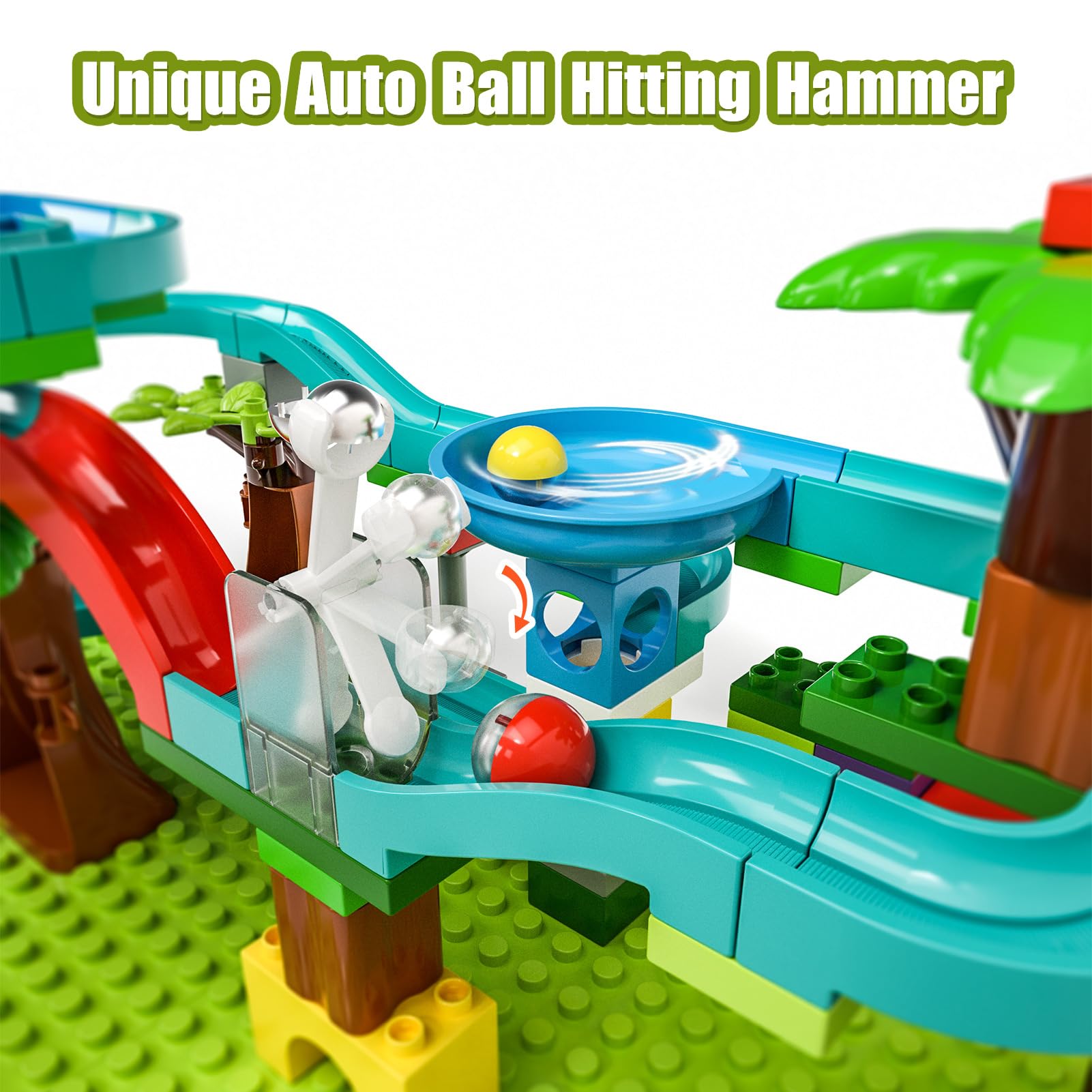 Exclusive Dinosaur Marble Run Building Blocks with Trigger Gravity Hammer Track Race, Compatible Building Brick Maze Game, STEM Educational Learning Toy Super Gift for Boys Girls Ages 4-8 (Marble Run)