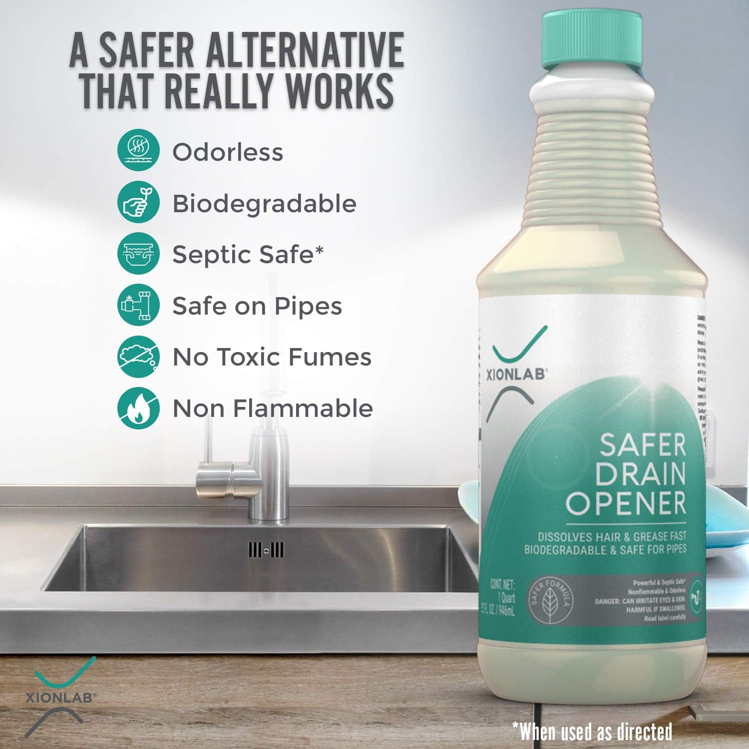 XIONLAB Safer Drain Clog Remover – Industrial-Strength Liquid Drain Cleaner for Hair & Grease – Septic Safe, Odorless, Biodegradable for Bathroom Sink, Bath Tub, Shower Drain – 32 oz: Home & Kitchen