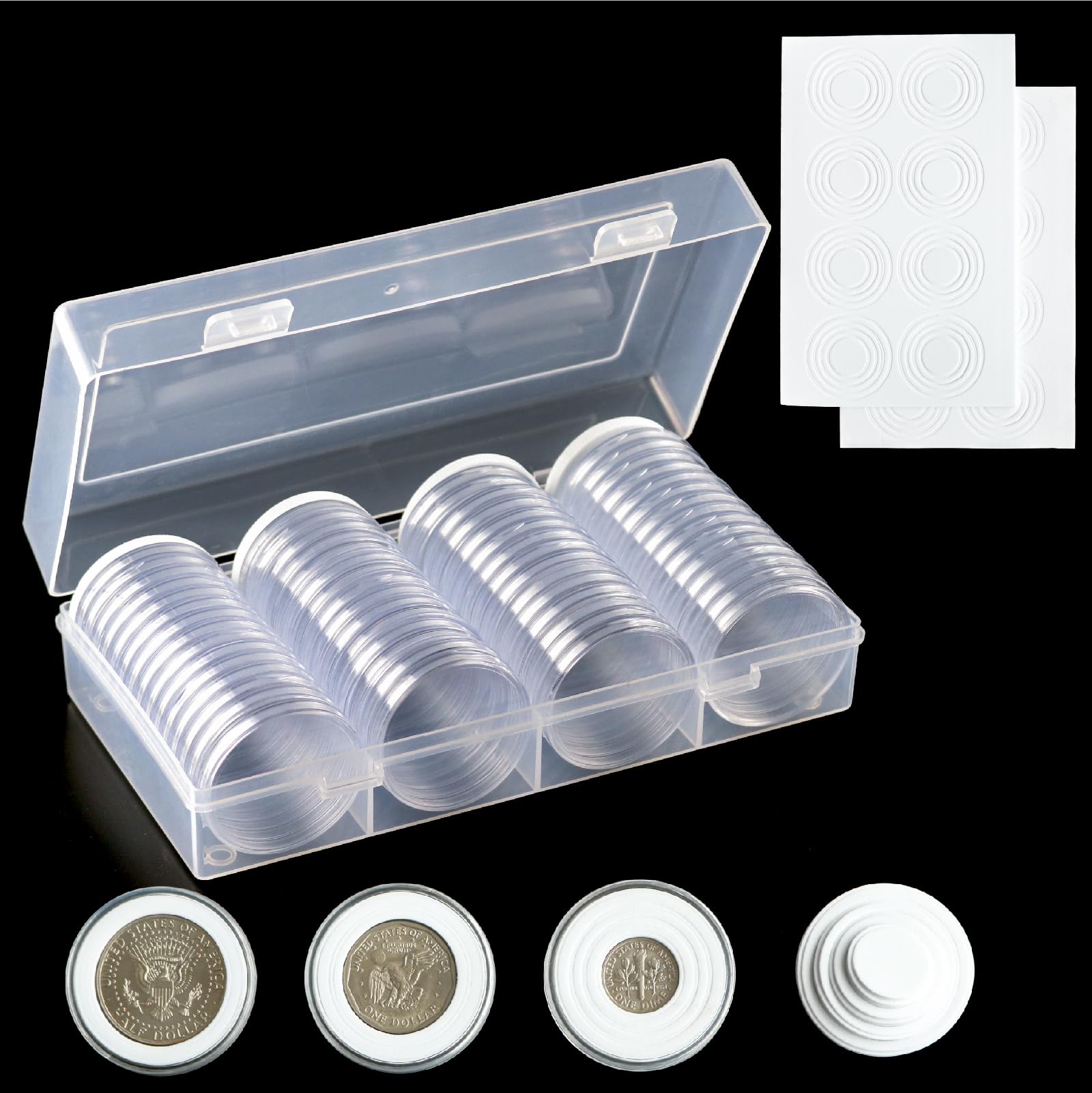 Photo 1 of 60 Pieces 40.6mm Coin Capsule Set, Includes 8 Sizes Adjustable Foam Gaskets and Storage Organizer Box, Coin Holders, Coin Collection Supplies