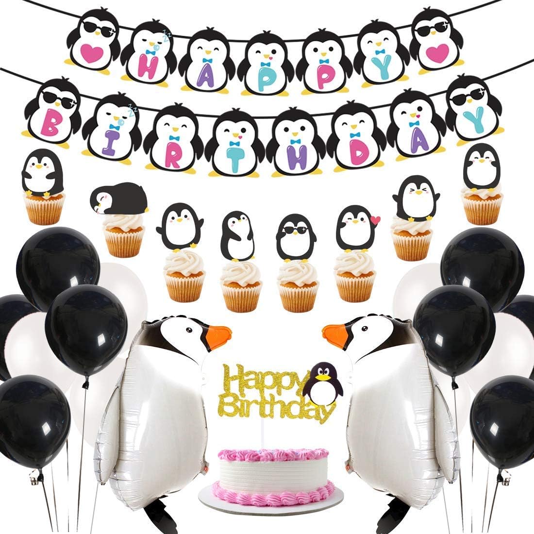CASTEL Penguin Party Supplies Happy Birthday Banner Walking Penguin Balloons Cake Toppers for Birthday Party, Baby Shower Decorations
