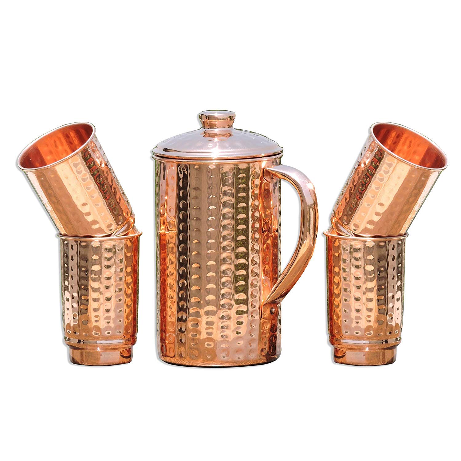 Hammered Pure Copper Pitcher and Glass Set | 99.74% Copper Water Jug with 4 Tumblers for Ayurveda & Detox