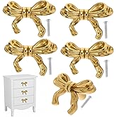 5 Pcs Gold Bow Drawer Knobs, Brass Bow Drawer Pulls with Screws, Vintage Cabinet Dresser Knobs Handles for Bedroom Furniture,