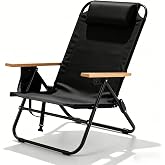 Canpsky Backpack Beach Chair for Adults, Portable Folding Camping Chair with 5-Position Reclining, Headrest, Cup Holder &amp; Zipper Pouch, Lightweight Recliner for Outdoor Beach Camp Travel, Black