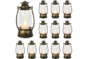 Reperla 12Pcs Mini Lantern Decorative with Flickering LED Candle, Bulk 6Inch Hanging Candle Lantern, Table Centerpiece, Vintage Lantern Decorations for Western Party Decor,Battery Included (Brass)