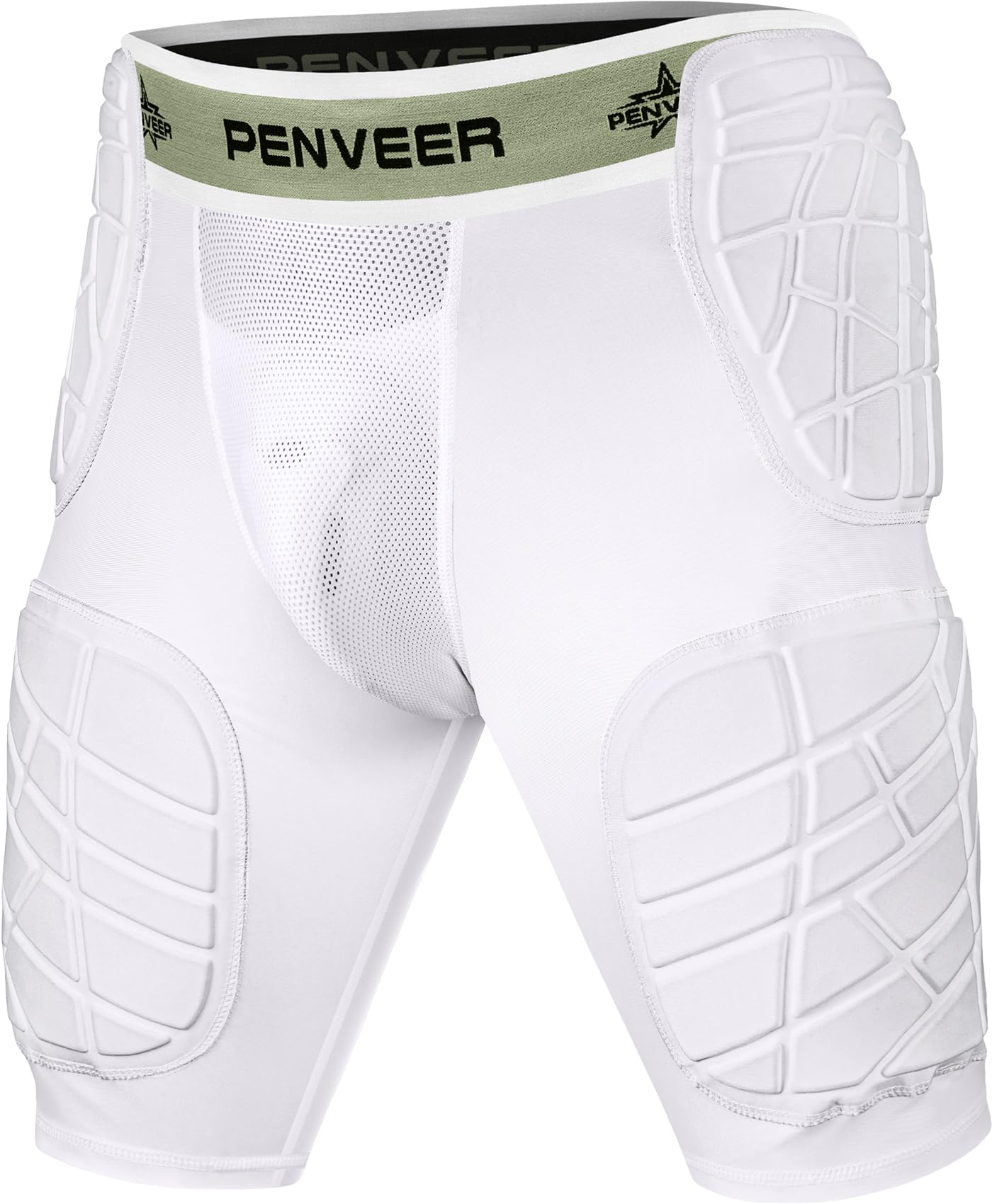 Photo 1 of Penveer 5.0 Youth Football Girdle for Boys with Cup Pocket - Padded Compression Shorts with Integrated Hip, Thigh & Tailbone Pads for Maximum Protection (White, YM)