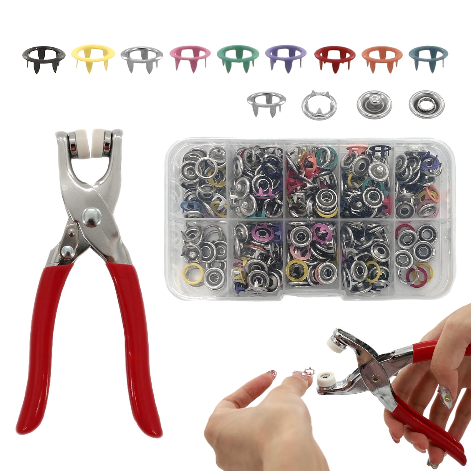 Photo 1 of 150 Sets Snaps for Clothing, Metal Snaps Kit with Tool, Stainless Snap Fasteners Repair Kit, Snap Closure Grommets No Sew for Fabric, Leather, Clothes, Canvas(0.37in/9.5mm, 600PCS)