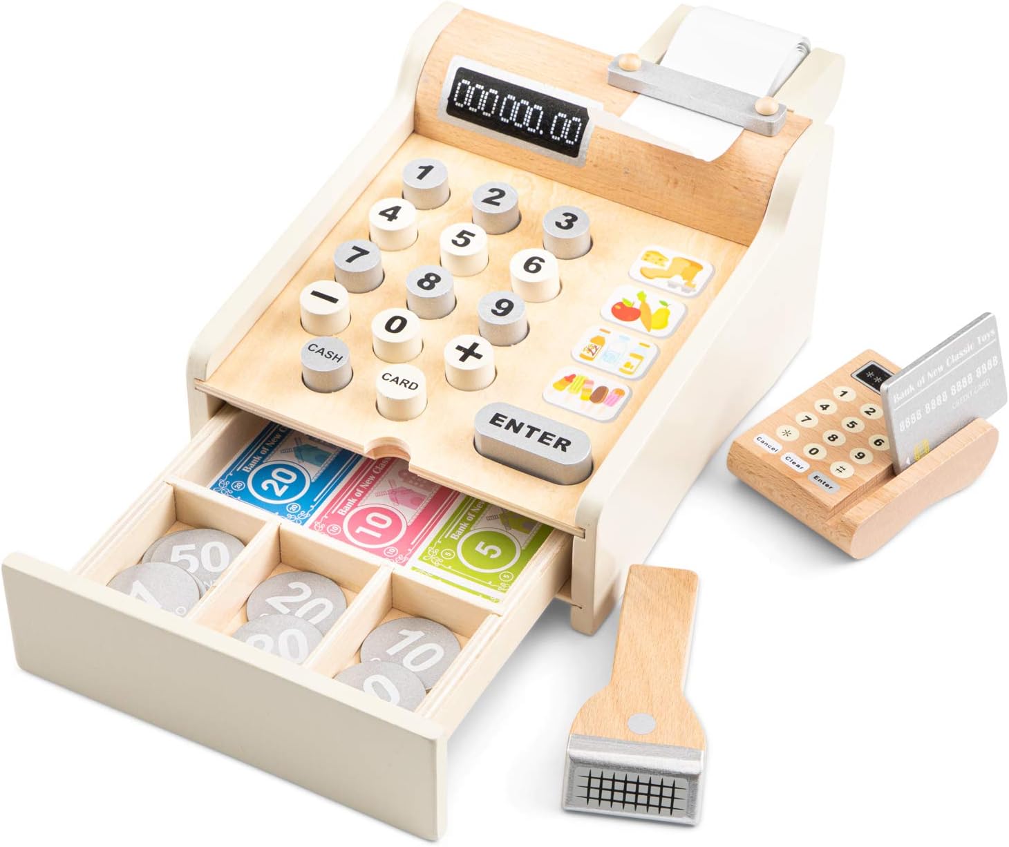Woet® White Wooden Toy Cash Register for Kids, Pretend Play Shop Toy with Scanner and Card Reader, Role Play Checkout Set - Image 3