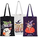 ATFUNSHOP Trick or Treat Bags Halloween Bags 3PACKS Cat Ghost Canvas Reusable Large Tote Bucket for Kids