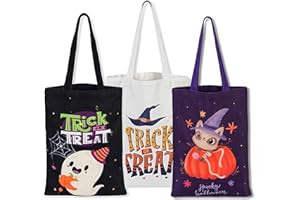 ATFUNSHOP Trick or Treat Bags Halloween Bags 3PACKS Cat Ghost Canvas Reusable Large Tote Bucket for Kids