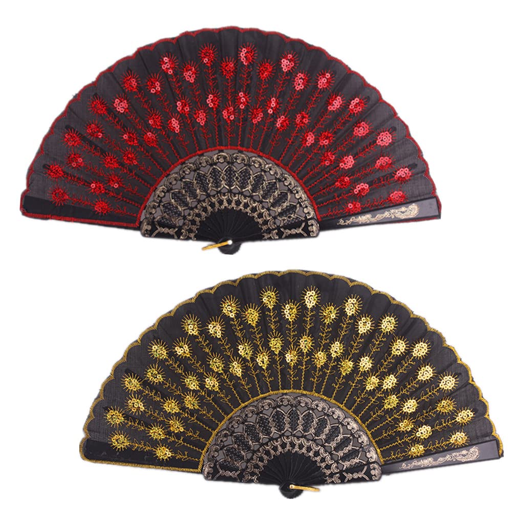 Morices 2 Pcs Sequin Folding Fans, Elegant Embroidered Flower Peacock Pattern Handheld Fan, Decorative Hand Fans for Dancing Wedding Party Favors Gift Wall Hanging Decoration (Red + Yellow)