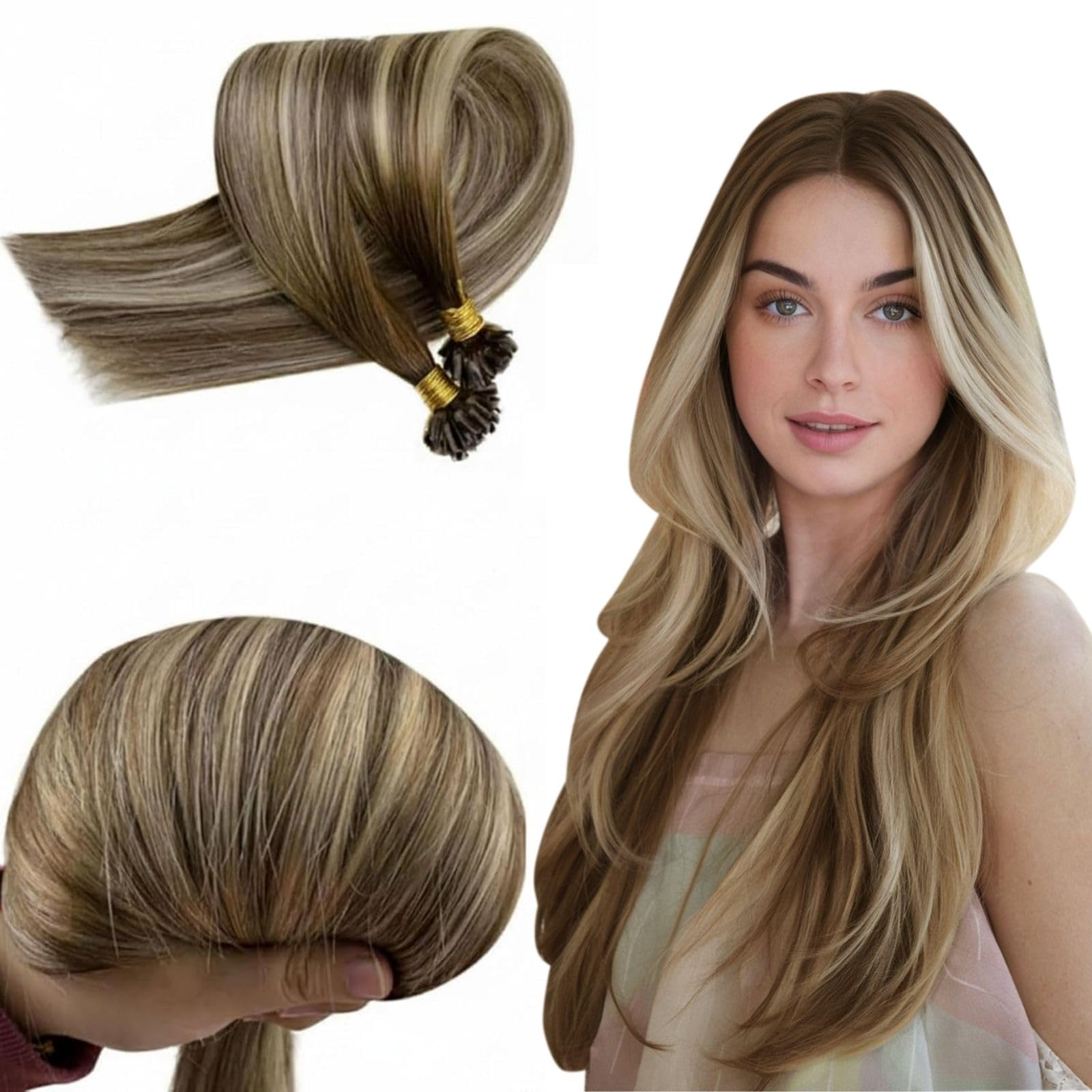 RUNATURE Balayage U Tip Hair Extensions Human Hair 18 Inch Walunt Brown Ombre Ash Blonde mix Light Blonde Pre Bonded U Tip Human Hair Extensions Hot Fusion Human Hair Utip Extensions Soft 50g 50s — image 1