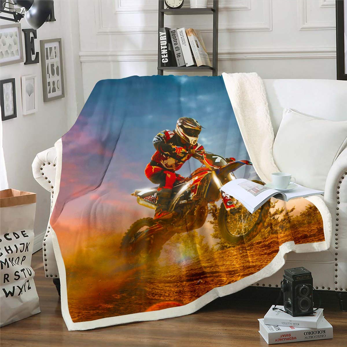 Loussiesd 3D Dirt Bike Fleece Throw Blanket Motocross Racer Extreme Sports for Kids Boys Teens Racing Motorcycle Plush Blanket Motorbike Bedspread Single 50x60 Inch