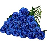 Ouddy Decor 20 Pcs Blue Roses Artificial Velvet Silk Flowers Fake Roses Bouquet with Long Stems for Valentines Gifts Wedding Centerpiece Bridal Anniversary DIY Floral Arrangment Home Decor, Blue