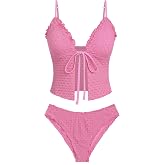 seamoly Womens Tankini Bikini Set Sexy Tie Front Two Piece Bathing Suit Cheeky High Cut Thong Swimsuit Pink M