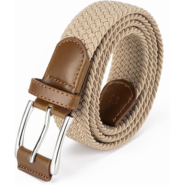 BC Belts Mens Braided Elastic Stretch Belt Leather Tipped End and