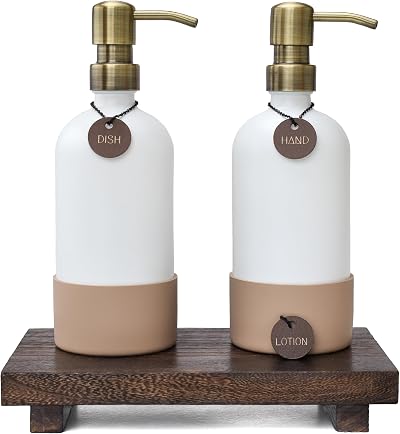 Finisterra White Glass Soap Dispenser Set with Tray - Boho Bathroom Kitchen
