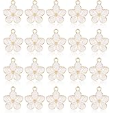 Azefnuhk 20PCS Cherry Blossom Enamel Charms for Crafts, Small Flower Purse Keychains, Gold Plated Pendant for DIY Bracelets, Necklaces, Earrings, Jewelry Making Findings (White)