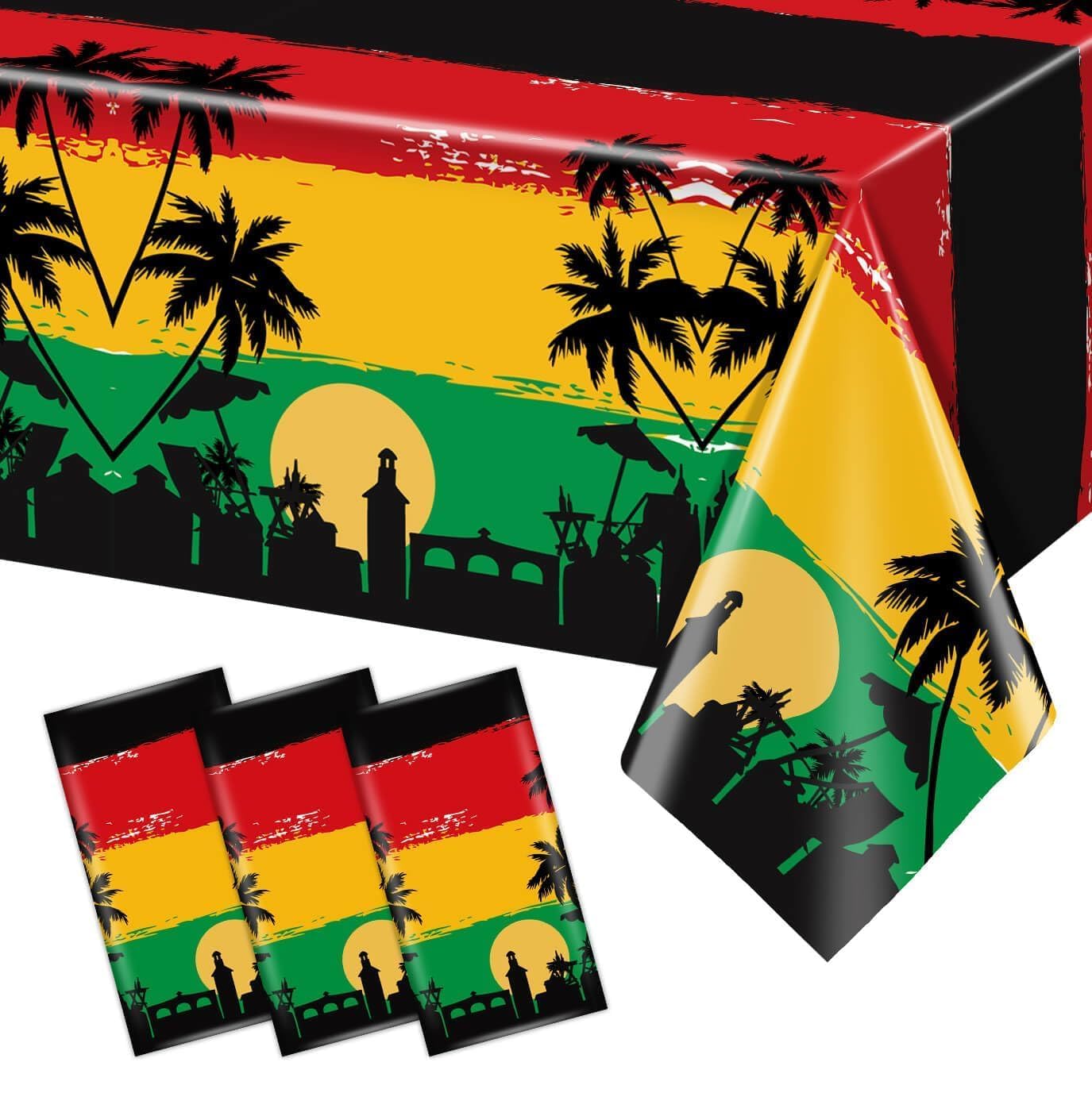 Photo 1 of 3-Piece Reggae Birthday Tablecloth for Jamaican Decoration - Plastic Disposable Table Covers for Rectangle Tables - Rastafari Palm Tree Grafitti Happy Birthday Party Favors, 54 x 108 Inches
