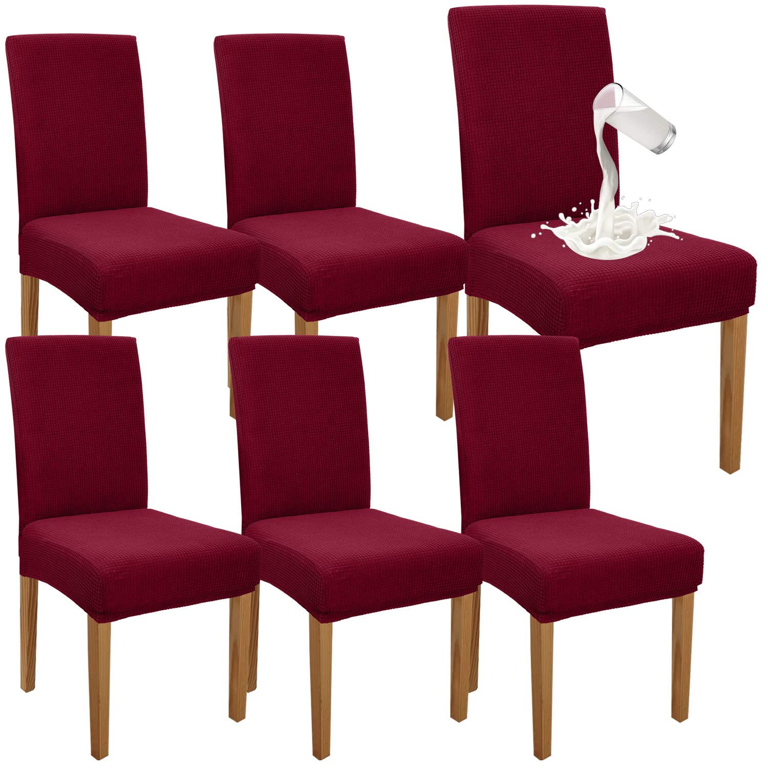 Granbest Premium Waterproof Dining Chair Covers Set of 6, Elastic High Back Chair Slipcovers for Dining Room, Washable Removable Chair Protector for Banquet, Kitchen, Party, Hotel (WineRed, Pack of 6)