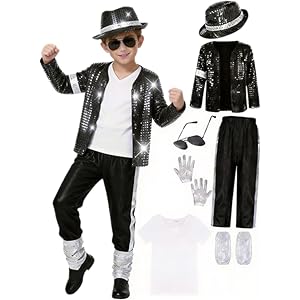 WPOZD 80s 90s Pop Star Costume, Black Sequin Jacket with Pants for Halloween Stage Dance Cosplay