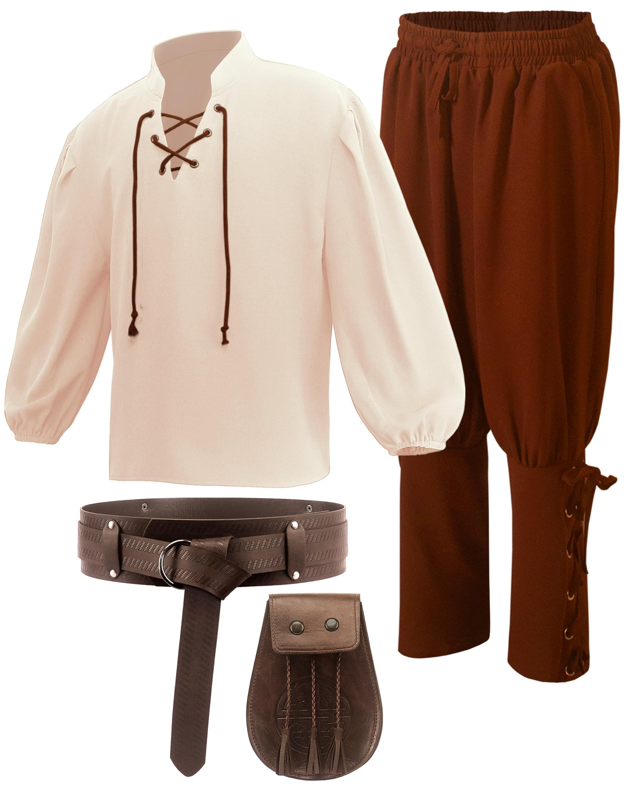 Photo 1 of Kids Medieval Costume Boys Renaissance Cosplay Viking Belt Pouch Accessories for Halloween 9-10y Beige Tunic Brown Pants
