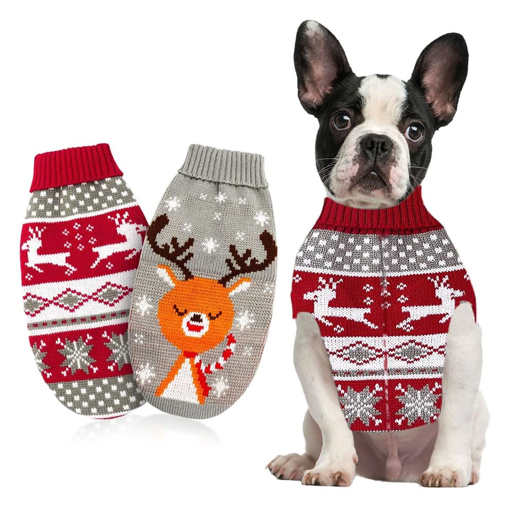 LATRAT Pack of 2 Christmas Cat Dog Jumpers, Snowflakes, Reindeer Motif, Knitwear, Winter Pet Clothes, Warm Pet Jumper for Kittens and Small Dogs (S, Elk + Faw)
