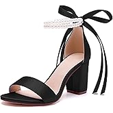 WUBFBAN Pearl Wedding Shoes for Bride High Heels Block Heels Bridal Shoes with Bow Women Chunky Heels Sandals