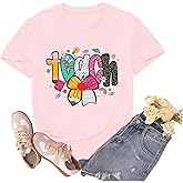 sallrue Teacher Shirts for Women Teach Teaching Tshirts Bow Pencil Shirt Teacher Life Tee Tops