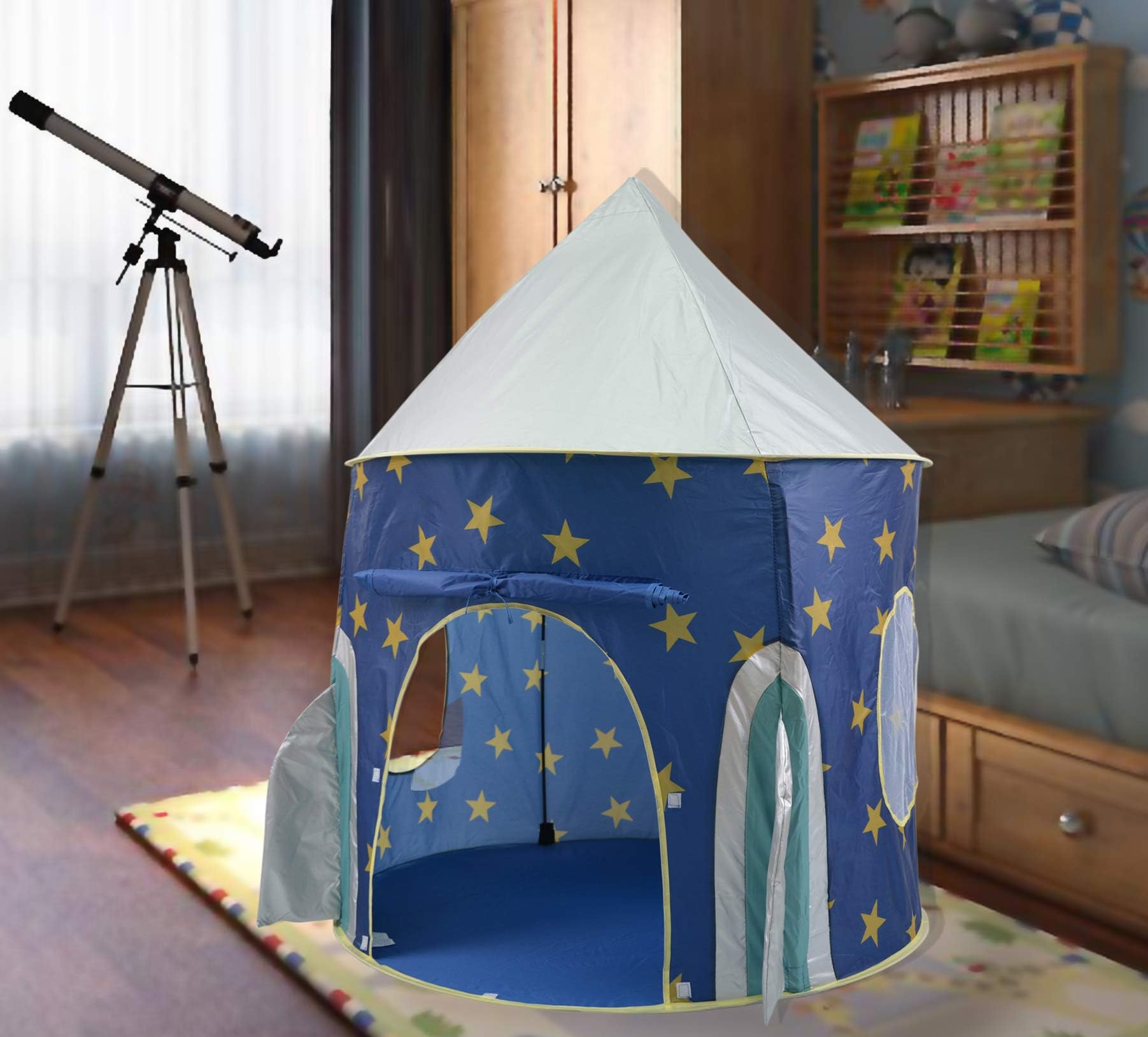 KiddyPlay Deluxe UV Sun Safe Blue Pop-Up Space Rocket Play Tent - Childrens Indoor or Outdoor Garden Playhouse - Boys Wendy House