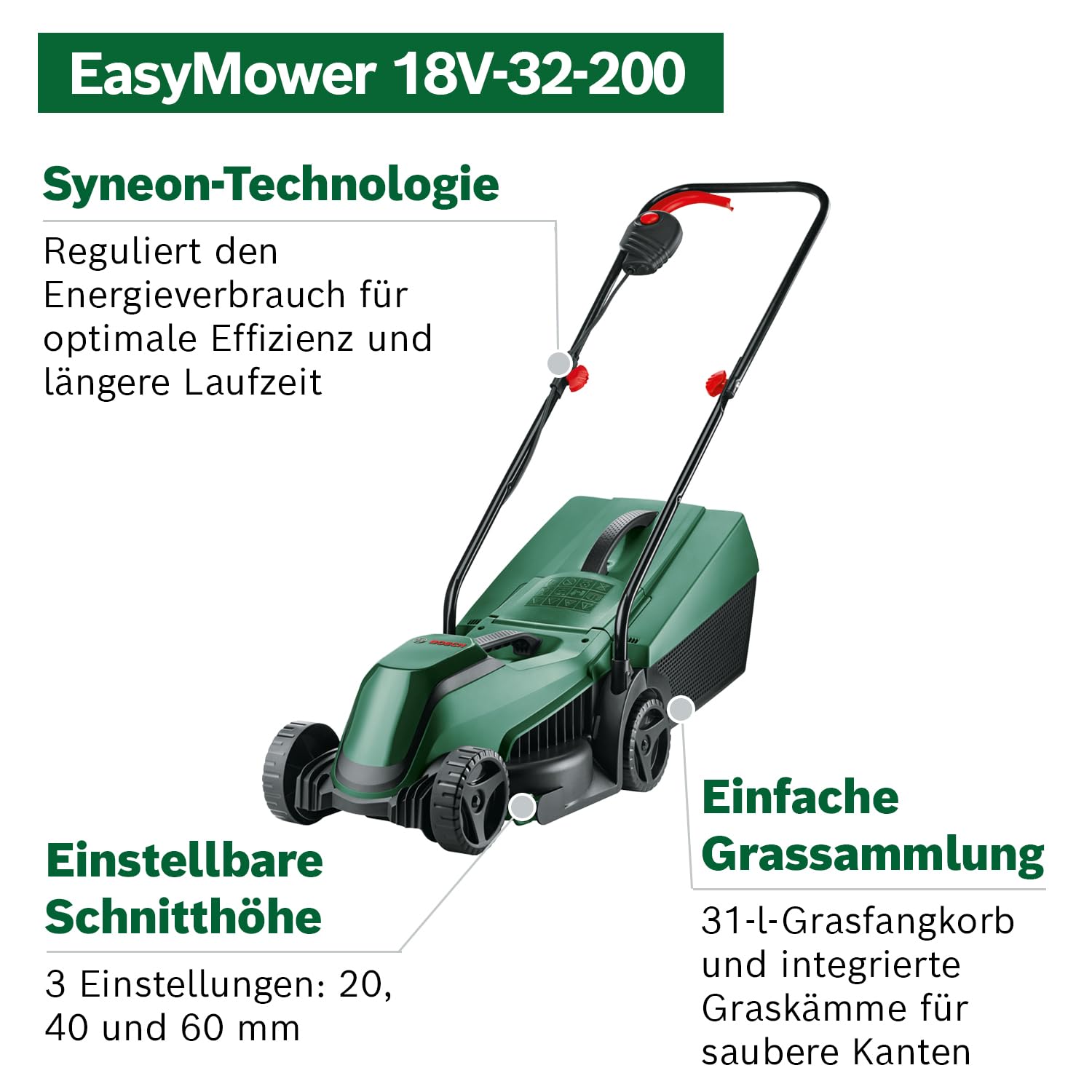 Bosch Akku-Rasenmäher EasyMower 18V-32-200 (1x 4,0 Ah Akku, 18-Volt-System, Schnittkreisdurchmesser: 32 cm, im Karton) 3