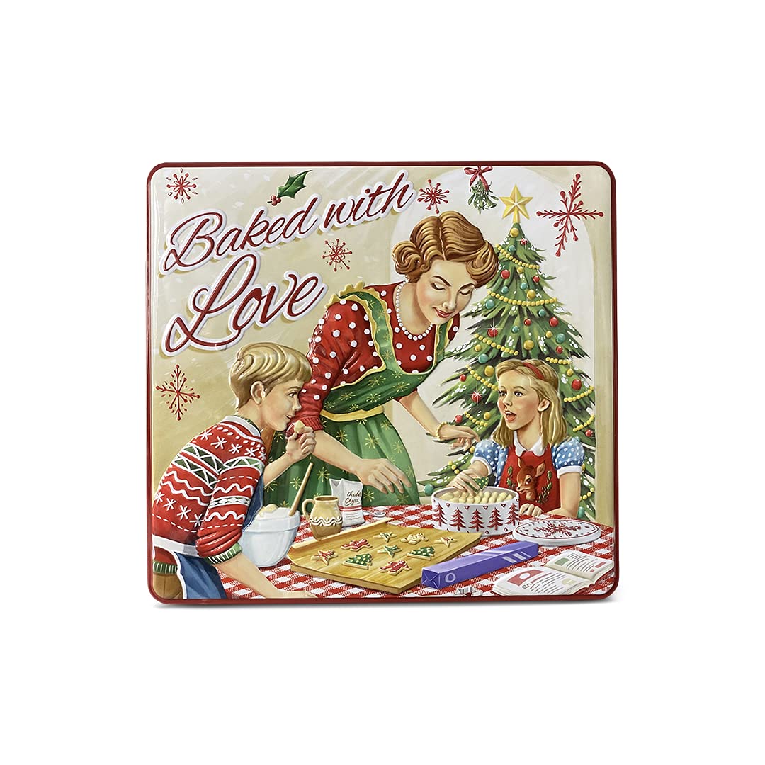 stylebox Square Retro Tin with Text ''Baked with Love'', Red, Biscuit Tin, Decorative Container Box Storage, Approx. 23 x 21.5 x 4 cm, Volume 1.9 L