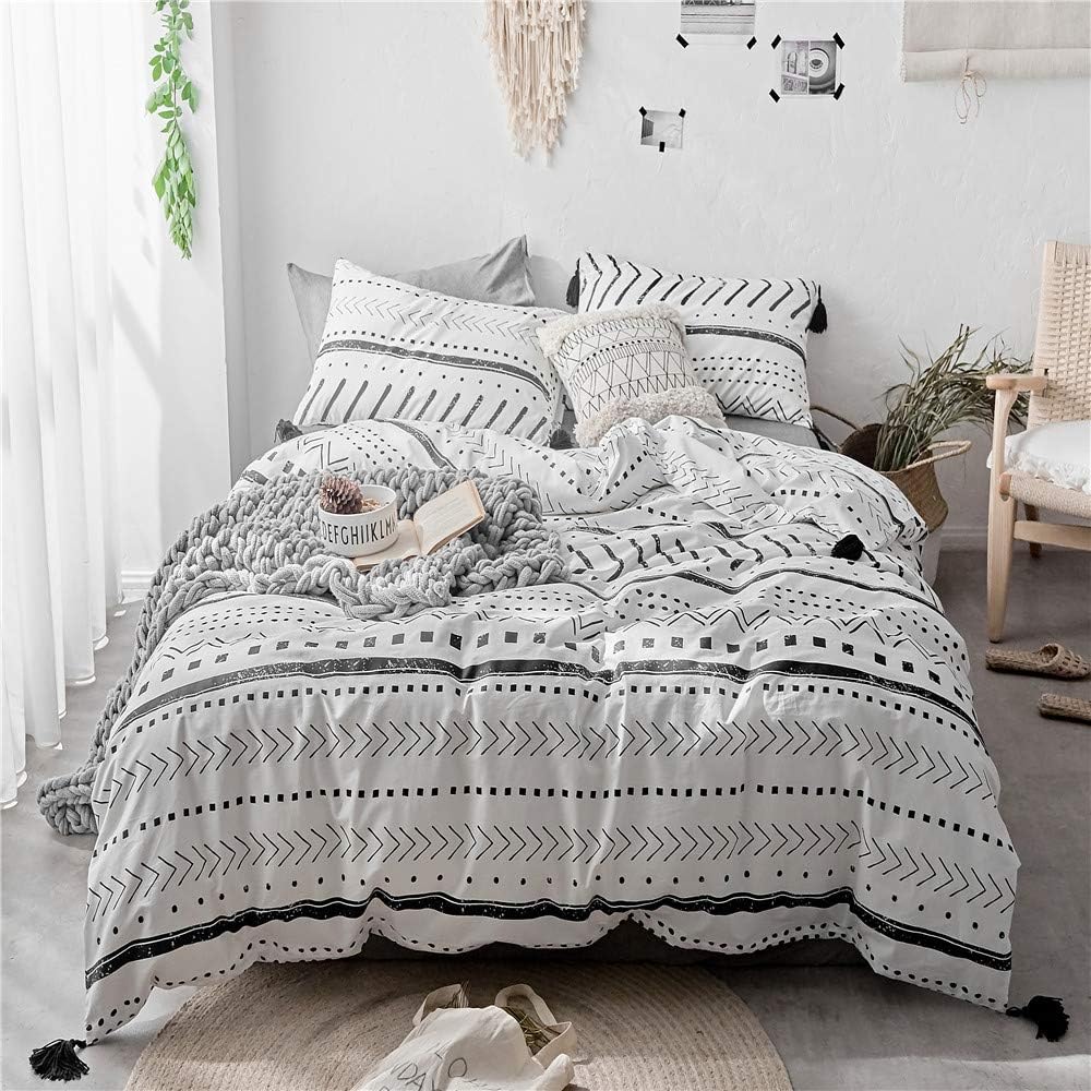 DaLove Geometric Duvet Covers Queen Chic Stripe Pattern White Black Bedding Quilt Cover Sets, Boho Boys Duvet Cover with Two Pillow Cases, Zipper Closure, 4 Corner Ties